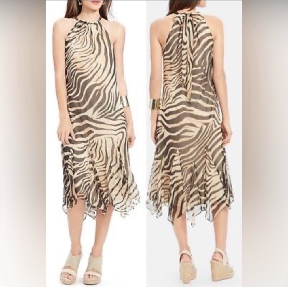 NWT Ralph Lauren Brown/Tan Tiger Print Asymmetric Gauze Georgette Dress
